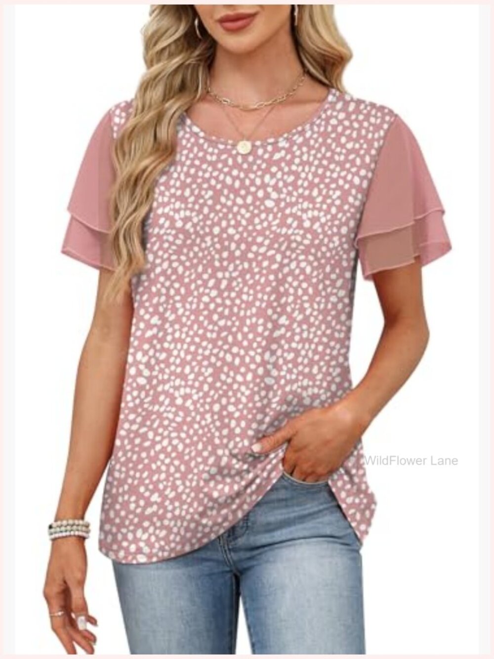 Ruffle Sleeve Chiffon Blouse Short Sleeve Summer Beach Vacation Top - Picture 3 of 5